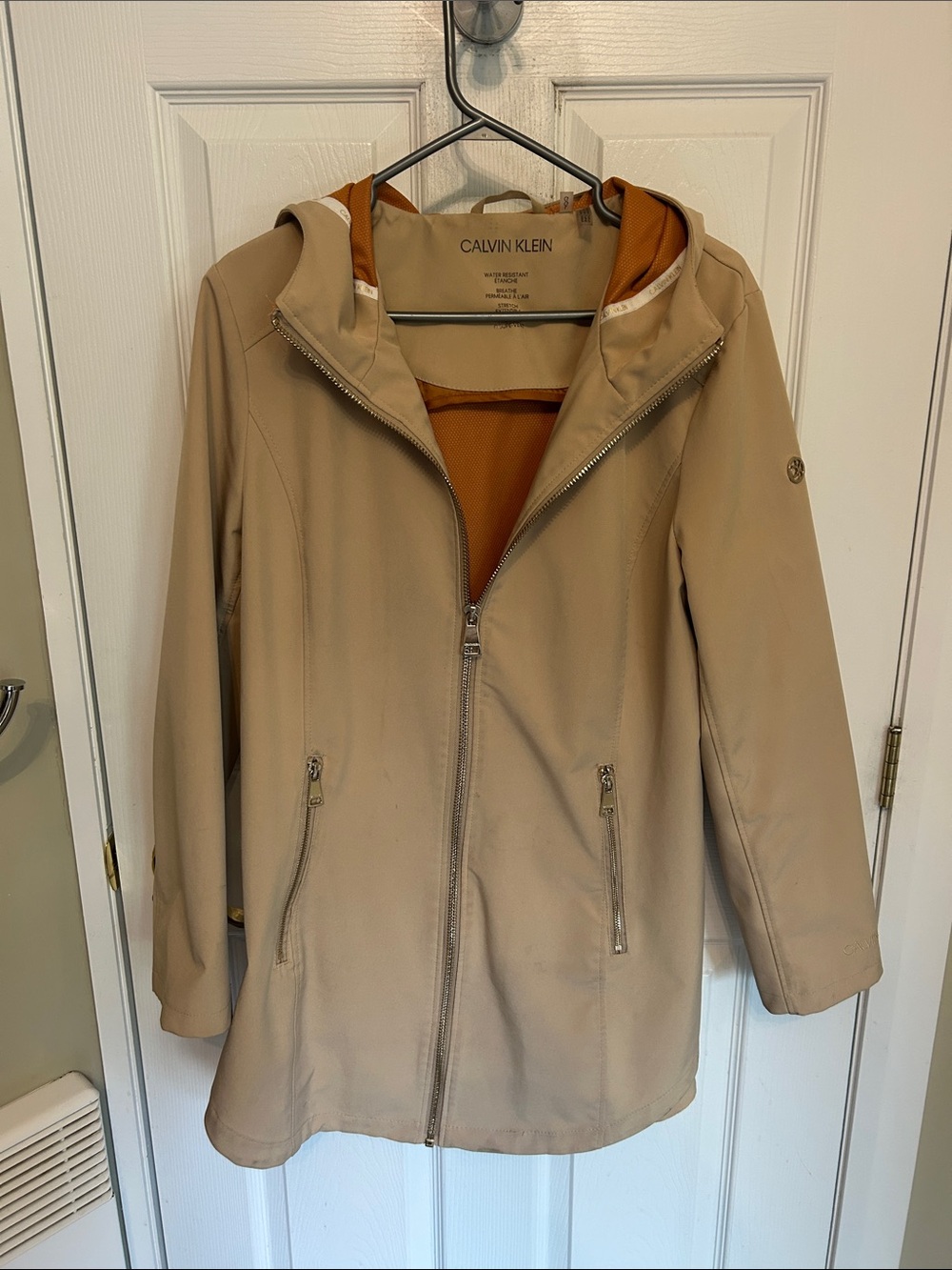 Calvin Klein Women's Tan Hooded Trench Coat with Rust Lining